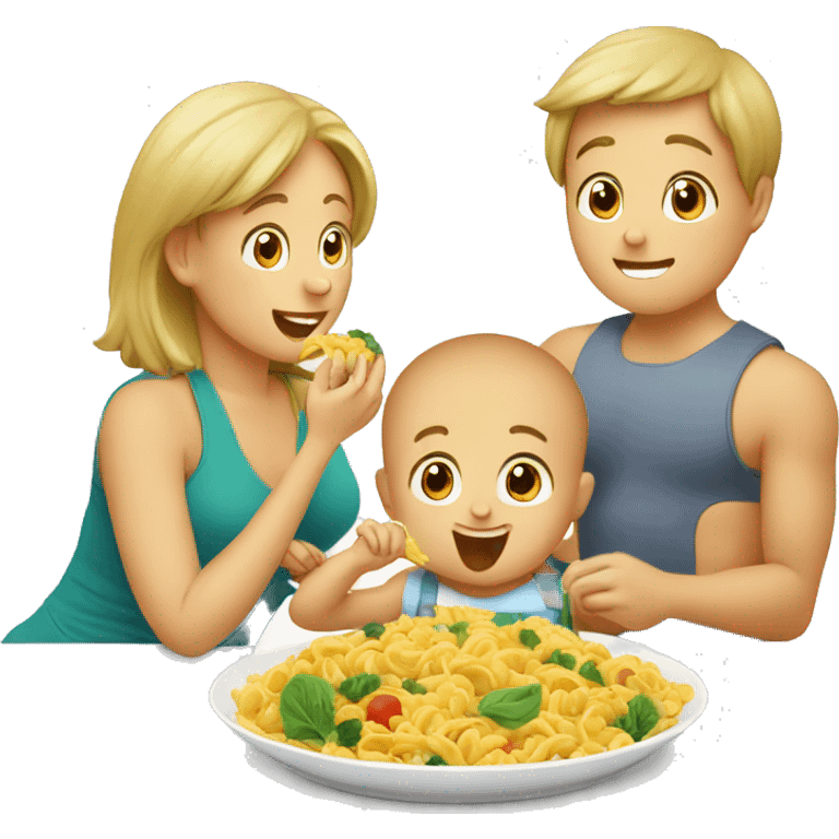 Baby eat his side dish and with mom and dad are eating  emoji