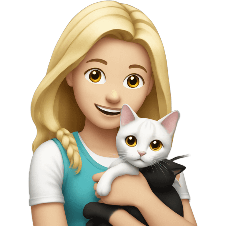 Blonde smiling girl holding a black and white cat indoors emoji