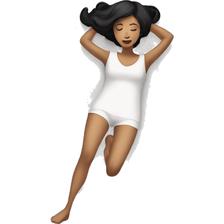 a white woman with black hair lying on her back on the floor looking up emoji