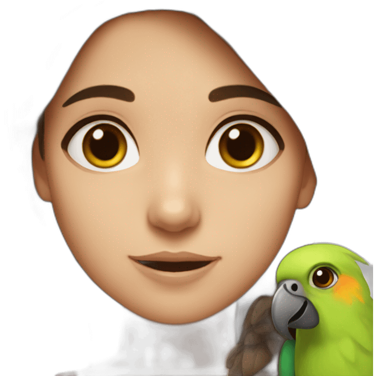 A girl with brown eyes and long brown hair and two parrots emoji