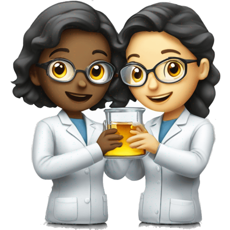  two scientists girls holding one clear glass chemistry emoji