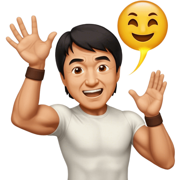 Cinematic Realistic Jackie Chan Pop Culture Emoji, depicted with playful agility and charismatic charm rendered with lifelike textures and vibrant, action‚Äêpacked lighting. emoji