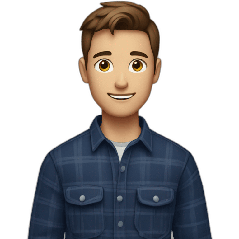 A young man with no beard, neatly trimmed short brown hair, exuding confidence, clad in a navy blue checked flannel shirt. emoji