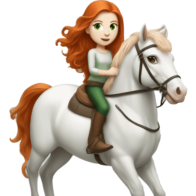 Redhead (ginger) girl, long blowout hair, green eyes and pale skin riding a white horse emoji