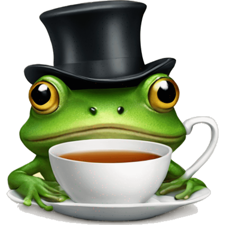 Frog sipping on tea, wearing tophat emoji