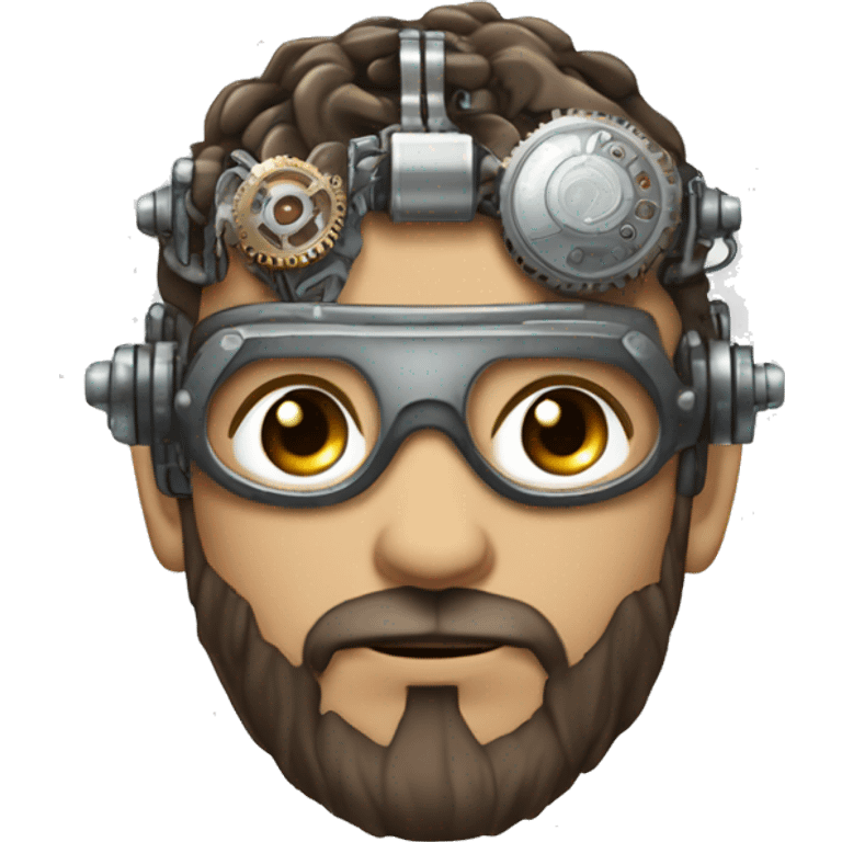 male cyborg head with brown short hair, brown beard, silver steampunk goggles and circuitry emoji