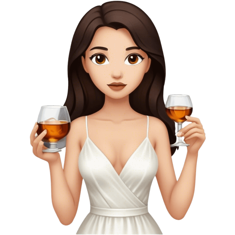 Beautiful woman in 1950’s woman fashion look, white dress, long dark brown hair, whisky with ice emoji