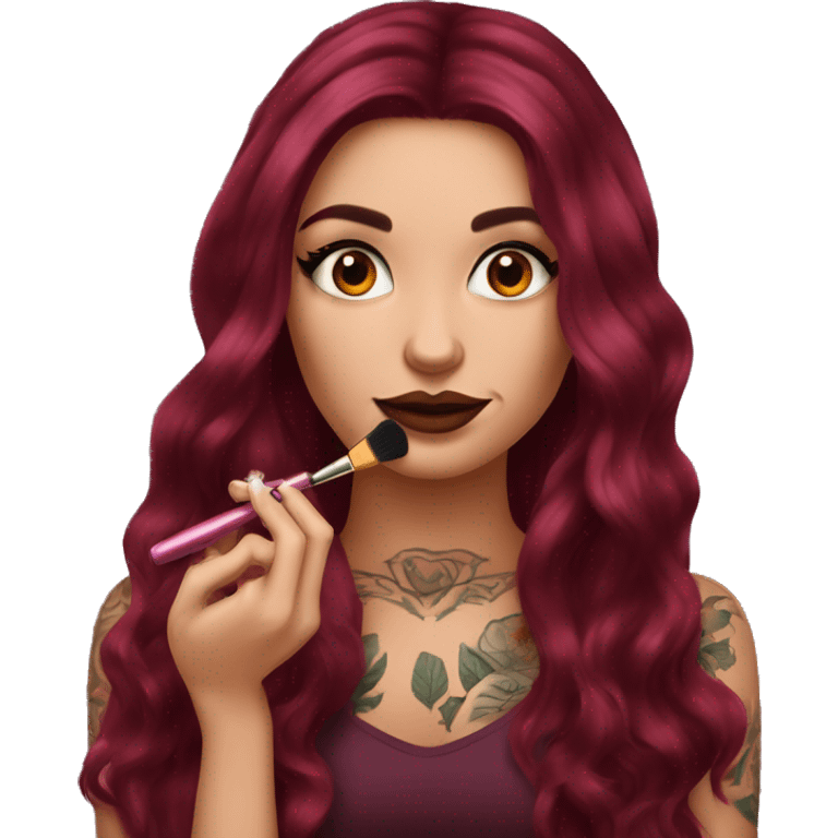 Beautiful tattooed burgundy long haired woman doing her makeup emoji