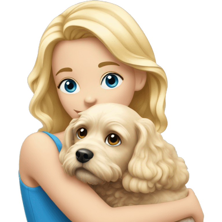 A Burnett girl with blue eyes hugging her blonde cockapoo lady emoji