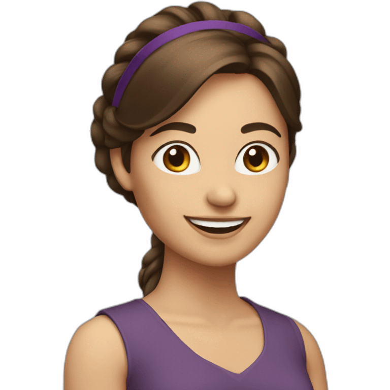 middle length hair brunette woman smiling with headband at computer emoji