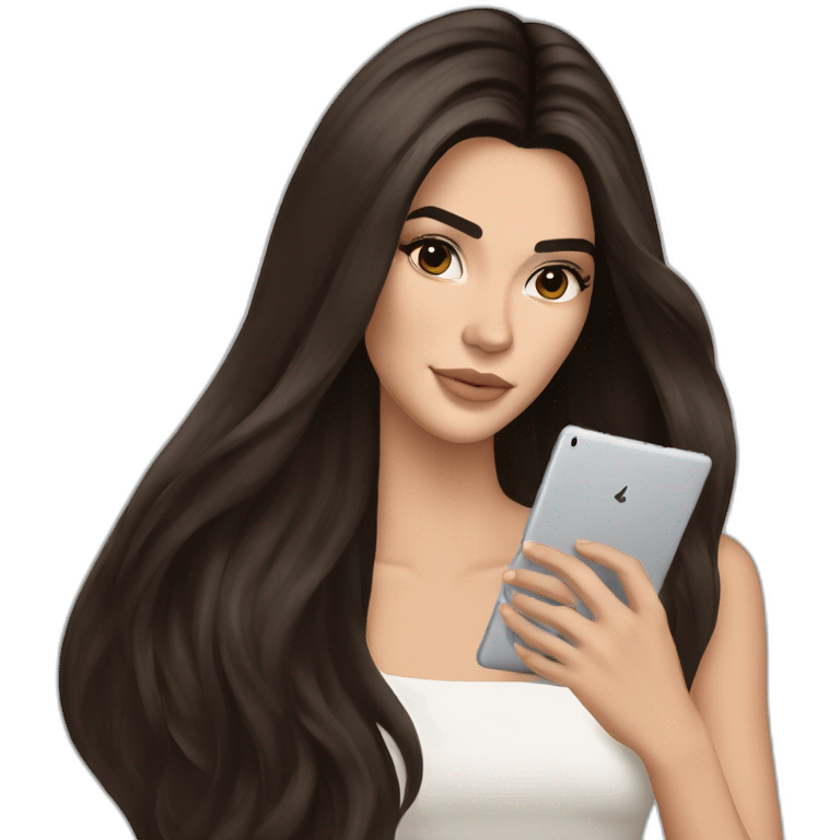 brunette Kendall Jenner with long hair holding iPad emoji