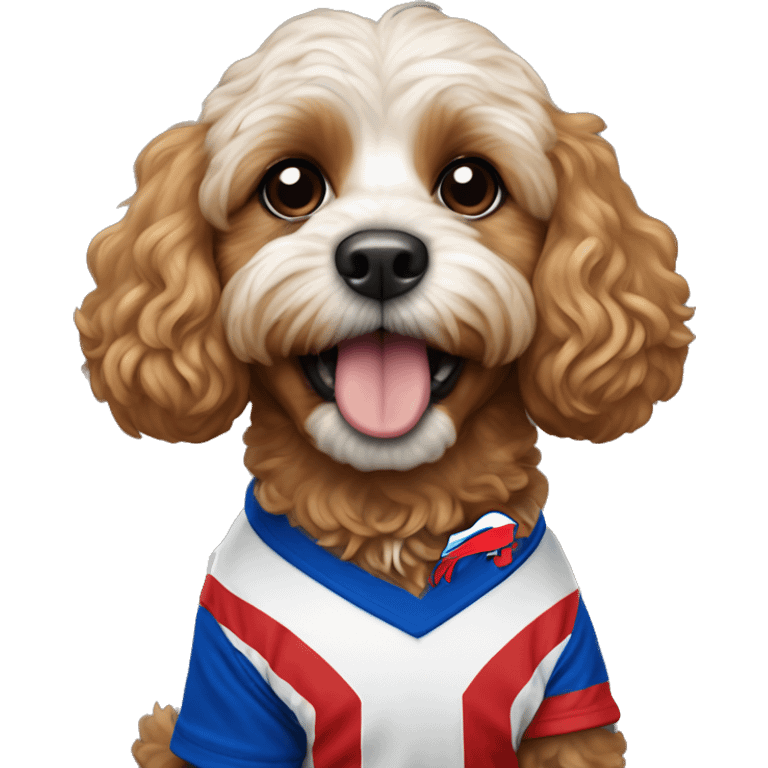 Cavapoo dog wearing a buffalo bills jersey emoji