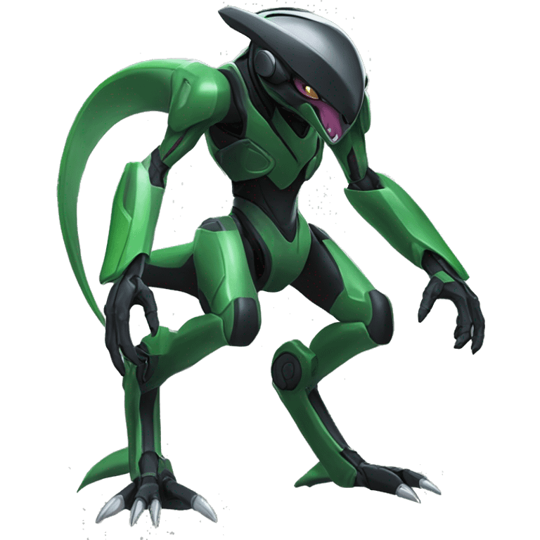 a shiny black-green Genesect-Raptor-Fakémon—hybrid with a futuristic visor-helmet full body emoji