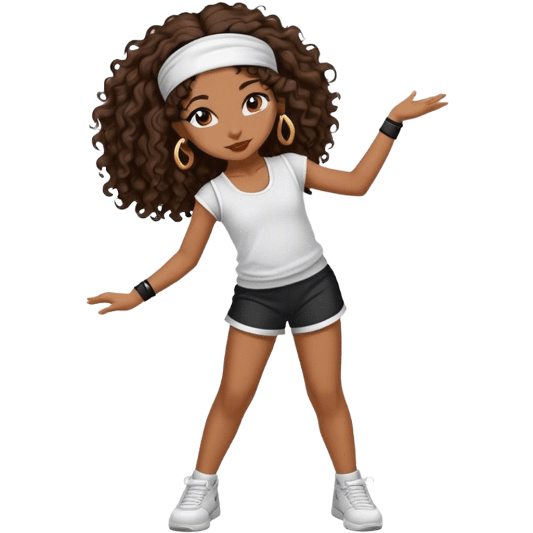 Dancing brown girl with long darn brown curly hair with headband hip hop emoji