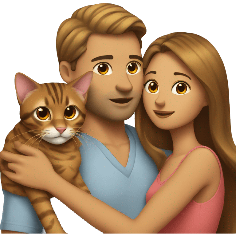 A man hugs a long brown-haired skinny hot woman and a bengal cat emoji