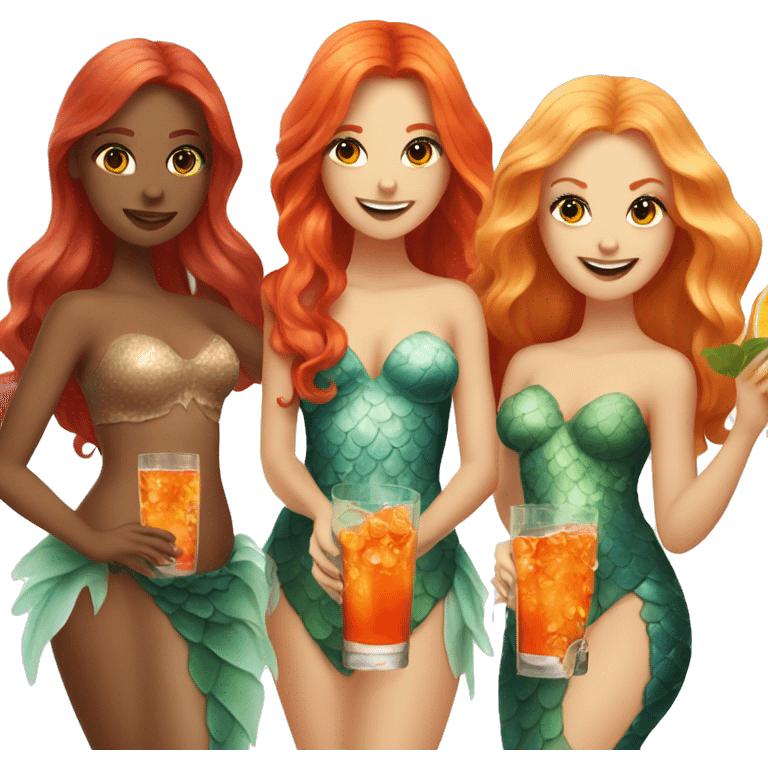 Three beautiful mermaids (one blond, one brown and one red hair) drinking aperol emoji