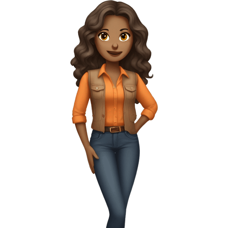 a charming tanned woman long wavy chocolate hair, caramel eyes, beige shirt, orange vest emoji