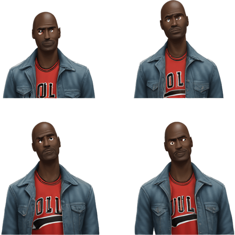 Michael Jordan in a jacket holds his head and is sad photorealistic serious emoji