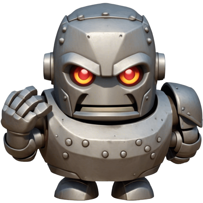 Cinematic Comical Mighty Iron Golem Portrait Emoji Head tilted dramatically with an exaggeratedly amused expression, featuring a bulky, armored form with a slightly lopsided stance, ancient runes flickering erratically, and one massive, jointed hand raised in a slow, deliberate wave. Wide, expressive glowing eyes give it an almost humorous, puzzled look, as if it’s contemplating something far beyond mortal understanding. Rendered with detailed metallic textures and deep, dynamic lighting, high shine, dramatic yet whimsical, styled with a hint of unexpected charm, soft glowing outline, capturing the essence of an endearing yet colossal guardian that looks ready to crack an impossibly slow, earth-shaking joke! emoji