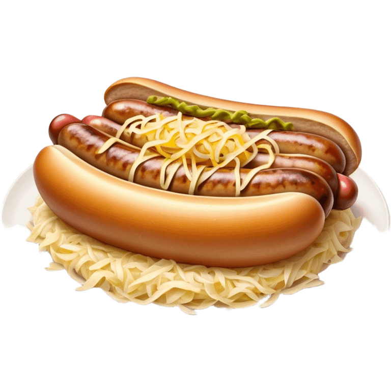 Bratwurst Cinematic Realistic Bratwurst Dish Emoji, depicted as a grilled bratwurst topped with a generous serving of shredded sauerkraut, rendered with rich textures and dynamic, appetizing lighting. emoji