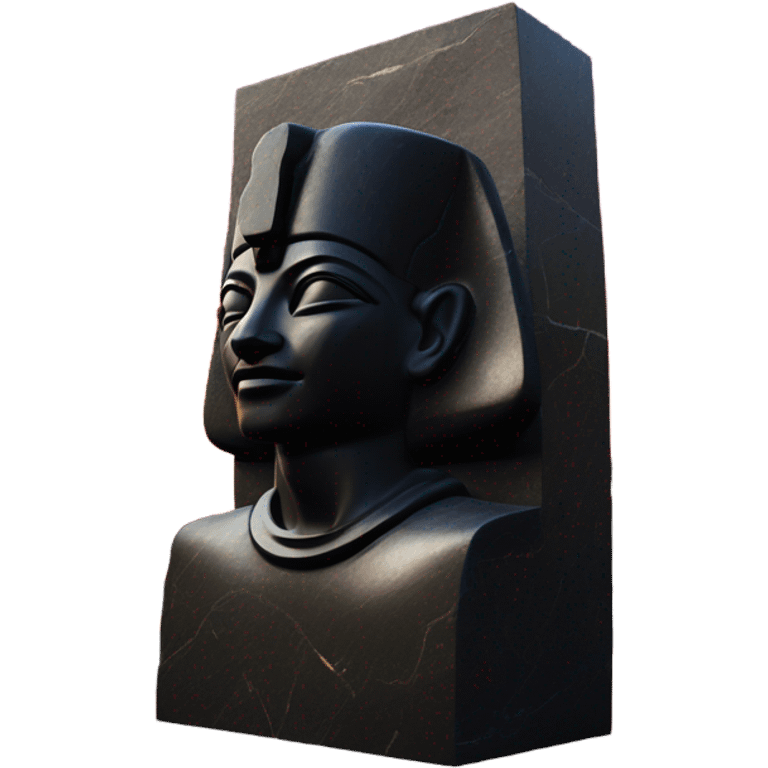 Osiris obsidian statue on granite 30 ton brick, massive size, sunlight behind, sunset colors, reflections on black stone polished clean perfect, photography angles emoji