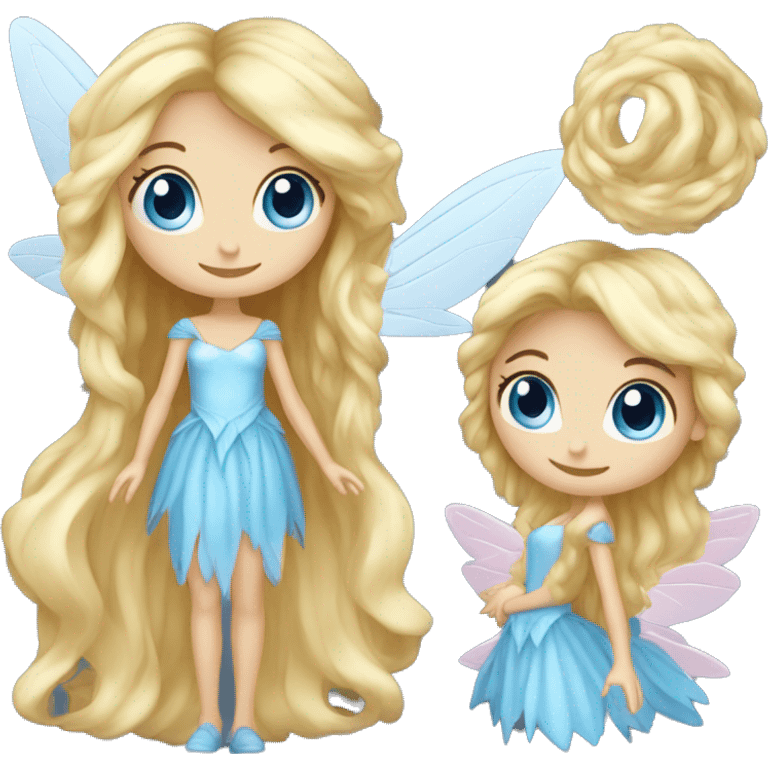 Create a blonde haired fairy with blue eyes and a pink dress. White wings. The fairy has long, curly hair with a lot of volume emoji