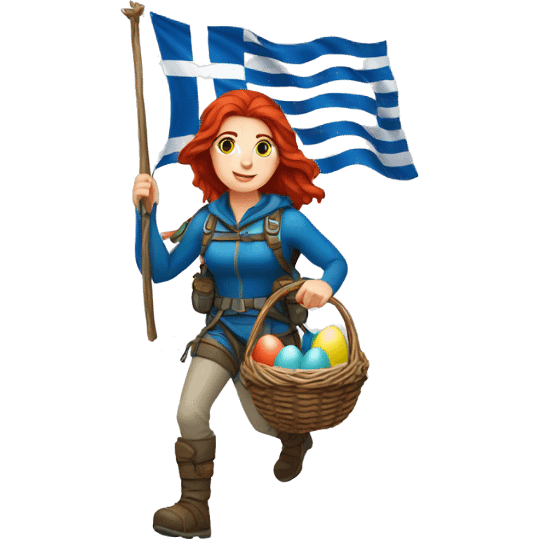 Greek Female winter mountaineer red hair white skin climbing with Greek Flag and Easter eggs basket emoji