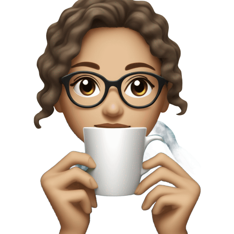 Balayage short hair Girl drinking coffee, with a cozy blanket wearing glasses with blue eyes beautiful  emoji