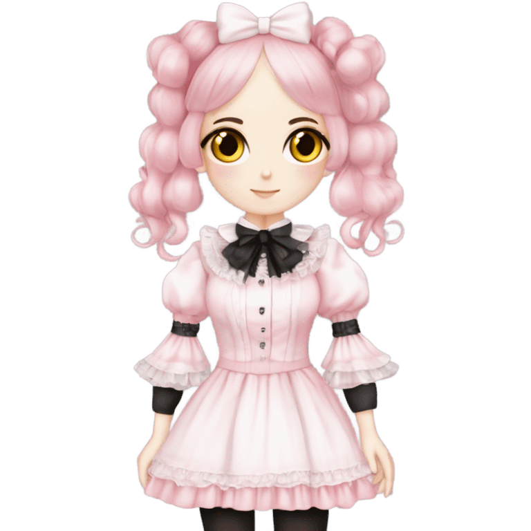 Vestido rosa pastel y white gothic lolita, cuerpo completo, color de piel morena, pelo largo, pelo de color rojo y negro emoji