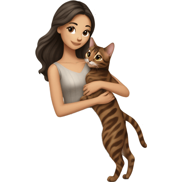 Beautiful skinny woman long dark brown hair in dress hug bengal cat emoji