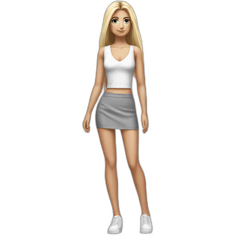 hyperrealistic caucasian blonde, long straight hair, white deep v-neck crop tanktop, gray tight mini skirt, walking body view emoji