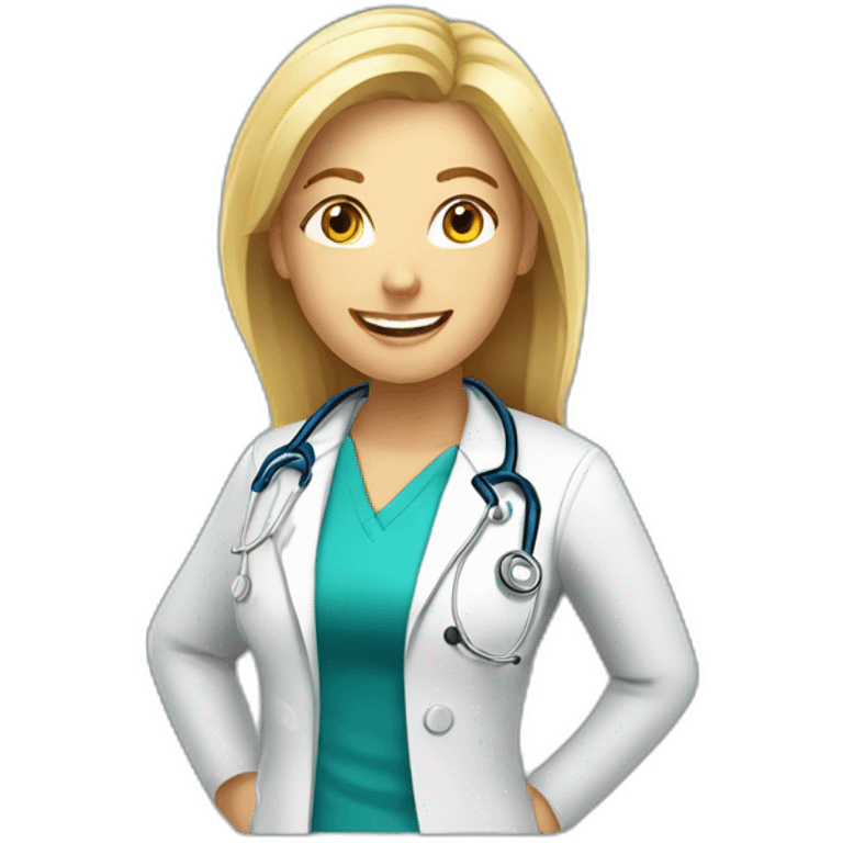 A blonde female doctor face, happy, oblique view emoji