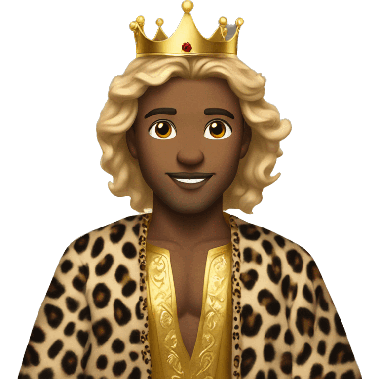 young king with dirty blonde flowing hair, hazel eyes, a gold crown, a cheetah print  robe and stubble emoji