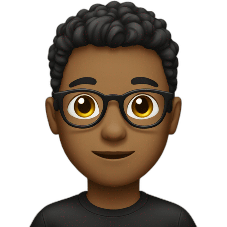 A boy with a partial haircut, black-rimmed glasses and a black T-shirt emoji