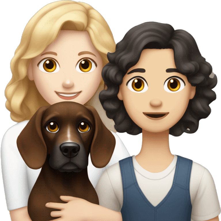 Brown-haired white-skinned girl and black-haired tan-skinned boy with a white and brown cocker spaniel. emoji