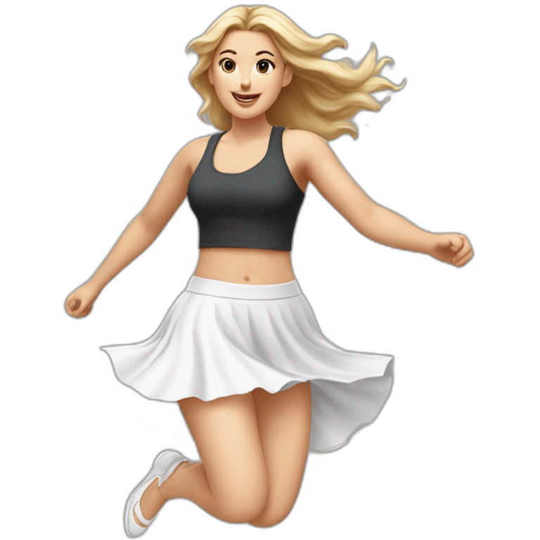 Hyperrealistic Full body Caucasian curvy beauty jumping short white skirt back and front views strong wind emoji