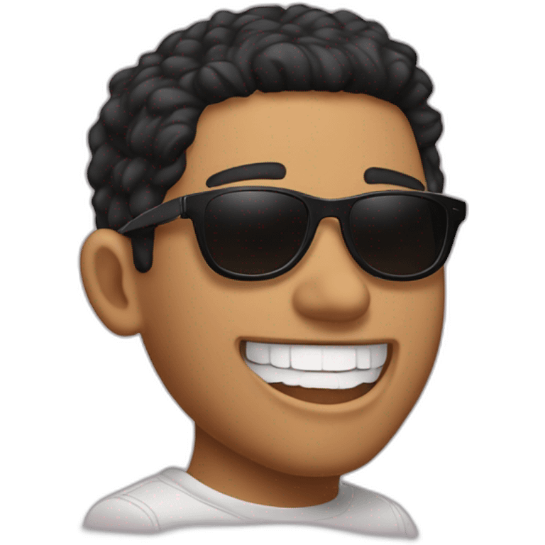 emote of tanned man, with black hair, fade haircut and brown eyes, dressed in a vans skater style, wearing Osacruz sunglasses, is laughing. emoji