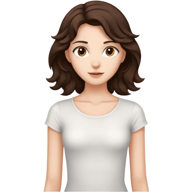 Tall, slender girl with dark brown wavy hair and light brown eyes wearing a white top emoji