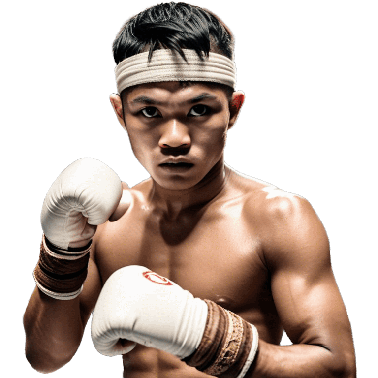 ​Cinematic Realistic Traditional Muay Thai Fighter such as Buakaw Banchamek, depicted in authentic attire featuring white bandaged gloves wrapped around his fists, a traditional headband tied neatly, and classic Muay Thai shorts, captured in a dynamic fighting stance under dramatic, high-energy lighting that highlights the raw power and elegance of the art, emoji