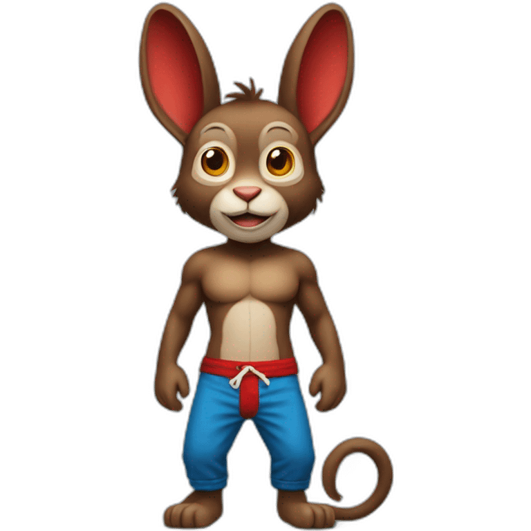 blue rabbit monkey with no shirt but red pants and with a monkey tail emoji