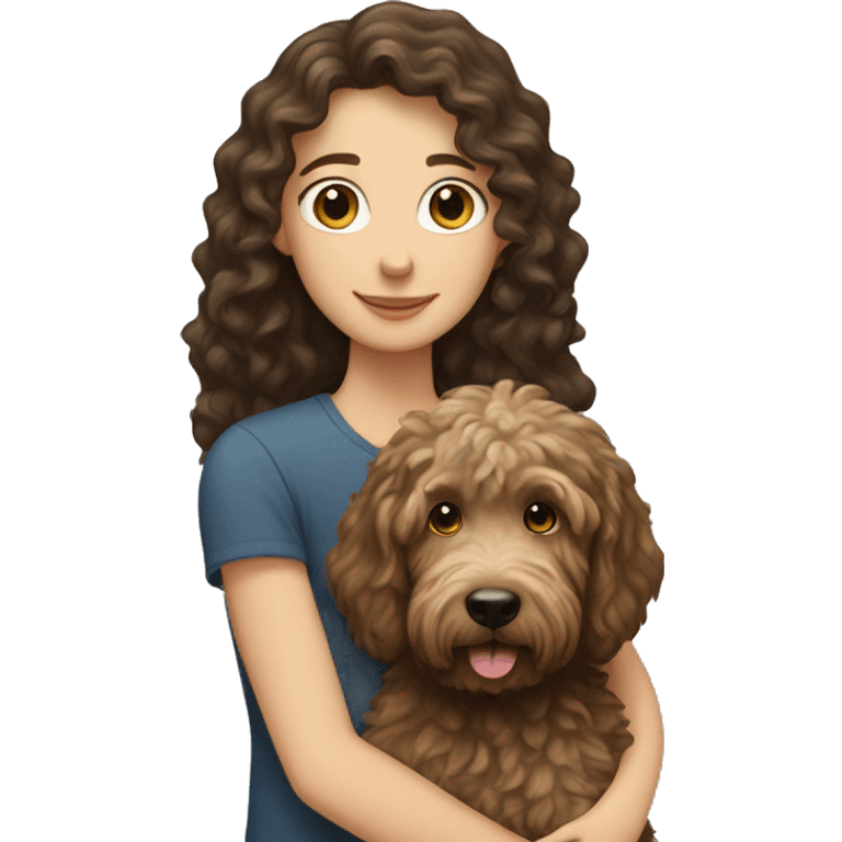 a white girl with long, brown hair, hugging a black coated labradoodle. adding a white man with curly blonde hair. emoji