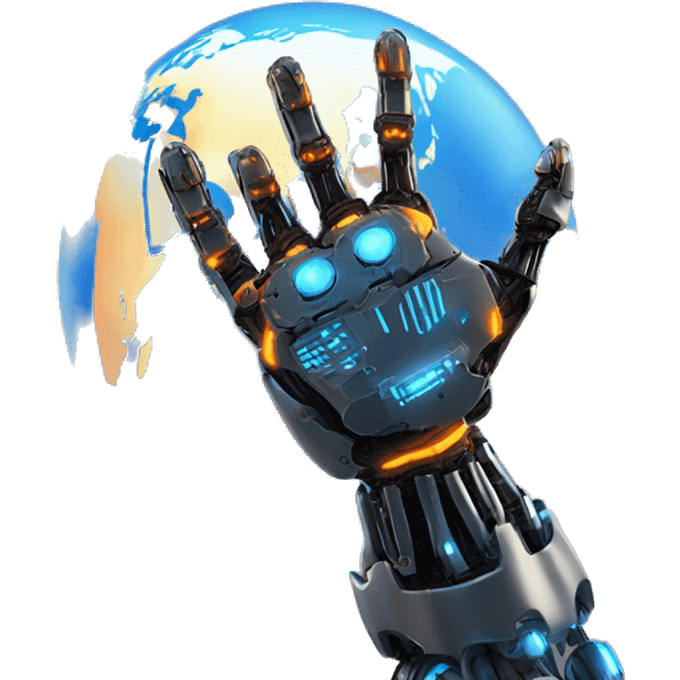 "Earth held by a futuristic robotic hand, glowing with blue and orange digital lines, with a high-tech and futuristic atmosphere." emoji