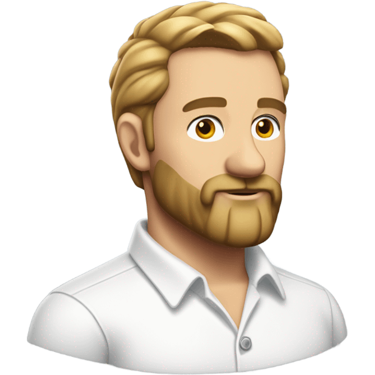 middle aged english man, short slicked back hair dark blonde, dark blonde medium length size full beard, wearing only a plain white smart shirt unbuttoned. emoji