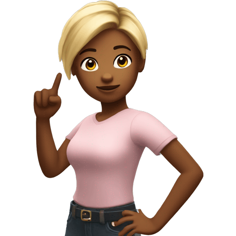 A Roblox girl pointing to her top right. While look at the camera emoji