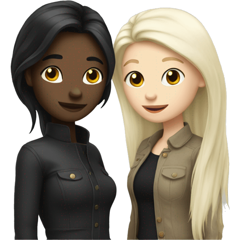 A lesbian couple with white skin and long black hair flirting emoji