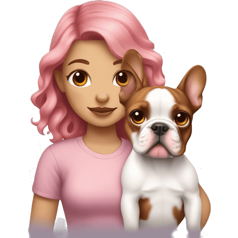  girl with medium pink wavy hair holding a brown and white french bulldog puppy  emoji