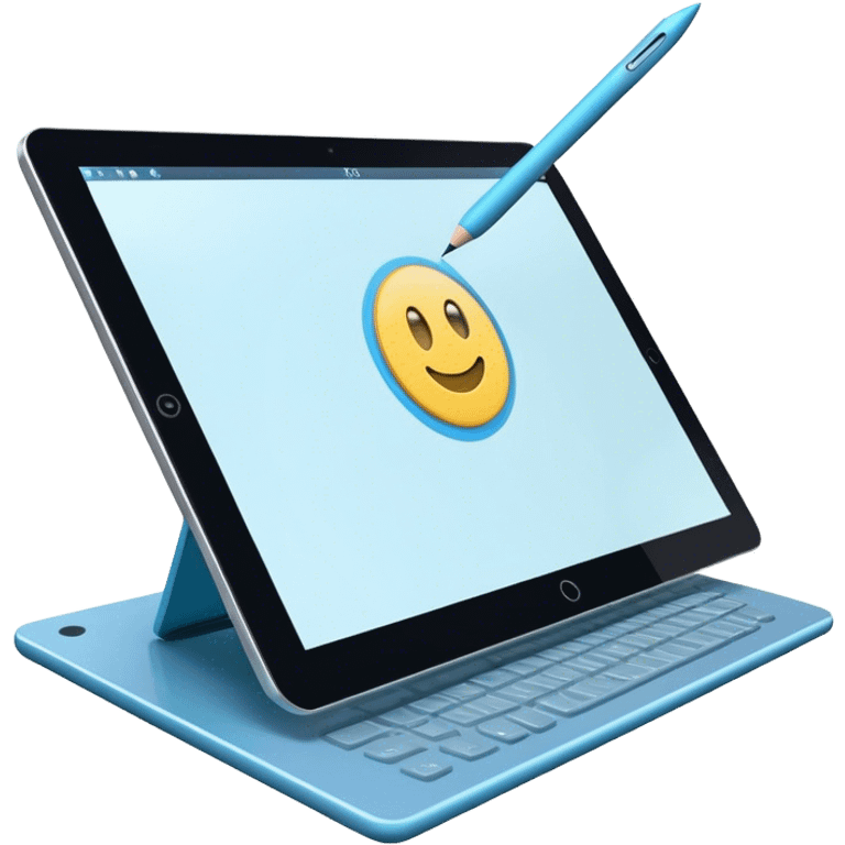 Create an emoji for 3D visualization and modeling. Show a large graphic tablet with a stylus drawing in a 3D modeling program. The 3D model on the screen should appear to protrude out of the screen. Use modern, professional colors. Make the background transparent. emoji