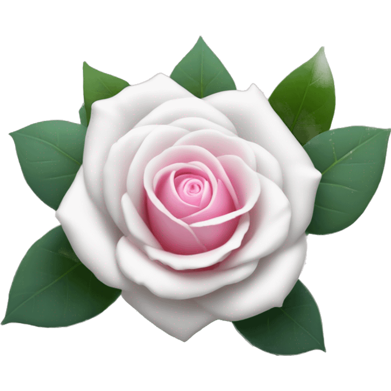 a white rose with a pink center in the foreground, and blurred eucalyptus leaves falling in the background emoji