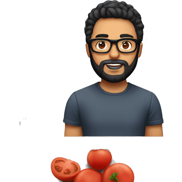 Designer with black hair, white skin, beard and glasses working with MacBook and tomato puree emoji