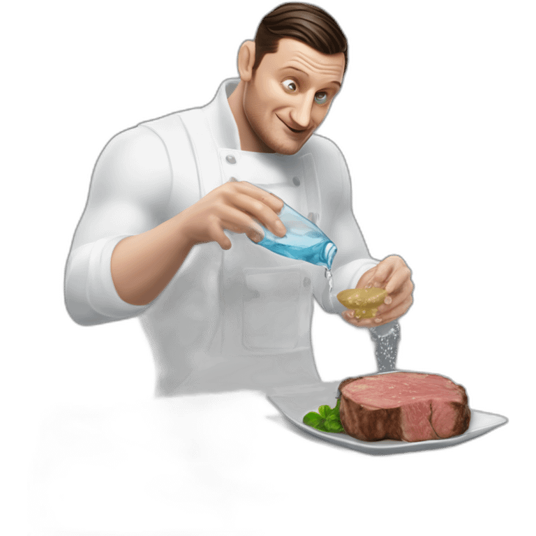 tim robinson dark black slicked back hair white long underwear waffle shirt pouring water from glass onto steak emoji